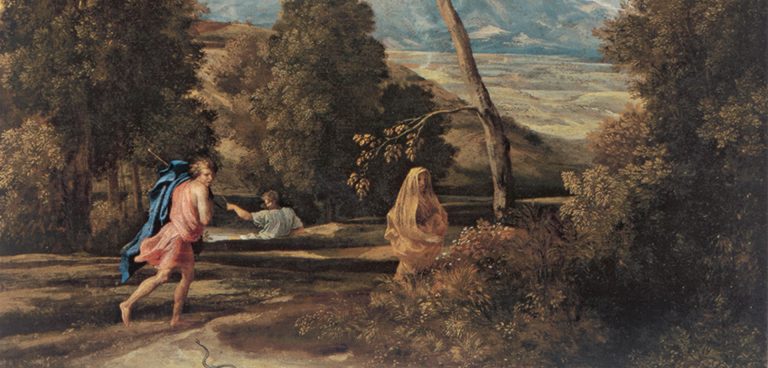 Poussin - Feldman_02: Νικολά Πουσέν «Τοπίο με Άνδρα καταδιωκόμενο από Φίδι». Λάδι σε μουσαμά, 65 x 76 εκ. The Montreal Museum of Fine Arts
